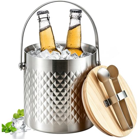 Bac à glaçons en acier inoxydable de 3 l avec couvercle et pince, seau à glace isolé à double paroi pour glaçons, idéal pour refroidir le vin, le champagne et les fruits (1/5)