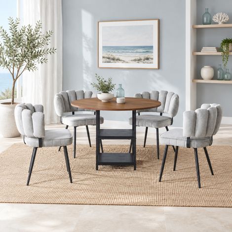 Set tavolo e sedie da pranzo rotondo 107 cm in effetto noce con 4 sedie grigie HAVRYA (1/5)