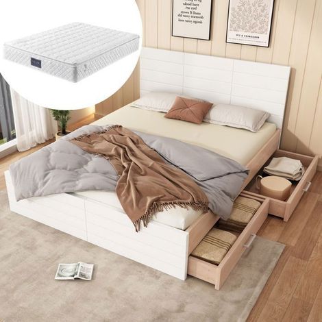 Lit avec tiroirs - SOGEU - 160x200 - Matelas 720 ressorts - Blanc et chêne - 2 tiroirs 90x68x10cm (1/5)