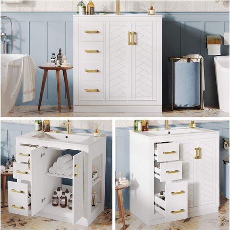Meuble sous vasque 76,5 cm avec lavabo céramique, 3 tiroirs + étagères latérales, charnières soft-close, blanc (1/5)