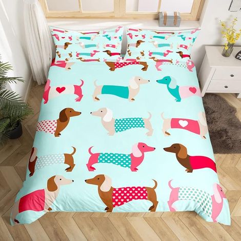 Parure de lit 2 pièces avec housse de couette à fermeture éclair pour enfants, garçons et filles, motif teckel, saucisse, pour lit simple (1/5)