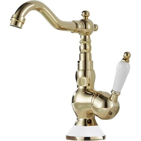 Robinet mitigeur de lavabo monotrou, à poignée unique, col de cygne, rotatif, eau chaude et froide, doré, design compact, base et poignée en céramique. (1/4)