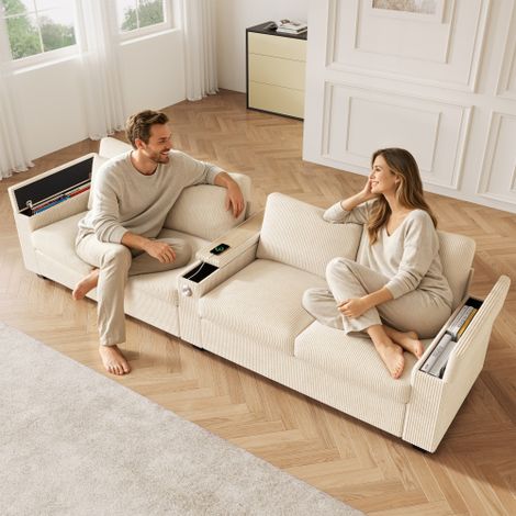Modernes 4-Sitzer Cord Sofa, Wohnzimmer Sofa mit USB/USB-C Ladefunktion, klappbarer Mittelarmlehne, verstecktem Stauraum, bequemes Sofa für Büro und Zuhause,Beige.