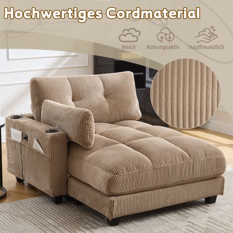 Fauteuil relax 140x112x81 cm en velours côtelé - Avec port USB 3 porte-gobelets et poche latérale - Kaki (1/5)