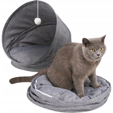 Cama para gatos 2 en 1, con dosel y túnel, gris, plegable, tamaño S (1/2)