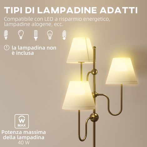 Lampadaire sur pied 165 cm, 3 lumières avec interrupteur au sol, douille E27 max 40W, finition dorée