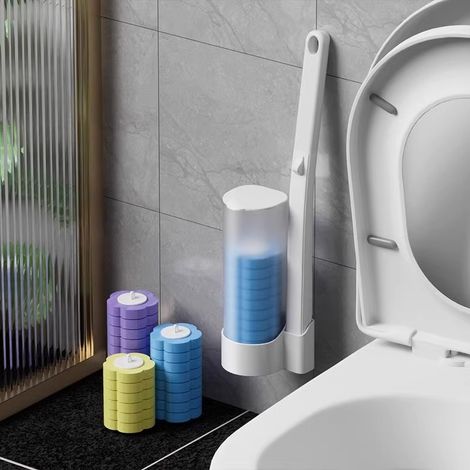 Kit de brosses pour WC – Têtes jetables, gel nettoyant inclus, manche télescopique, kit de nettoyage pour salle de bains (1 manche + 18 brosses) (1/5)