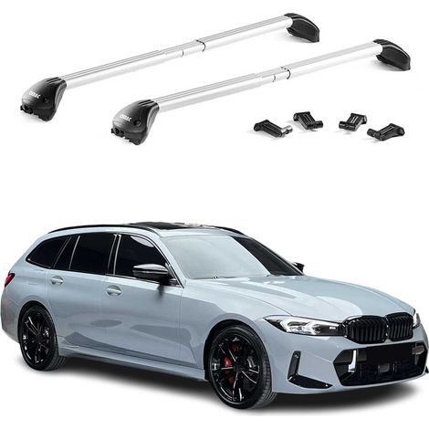 OMAC Barres de toit transversales certifiées TÜV pour BMW Série 3 Break F31 G21 2012-2025 – Verrouillables (4 antivols) – Charge max 100 kg – Fixation durable Argent (1/4)