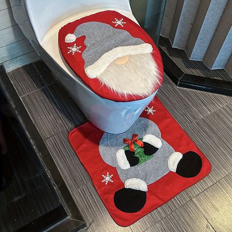 Ensemble de deux pièces housse de siège de toilette et tapis de toilette bonhomme de neige, Père Noël et gnome - Décoration de salle de bain saisonnière - Cadeau de Noël créatif et adapté (1/5)