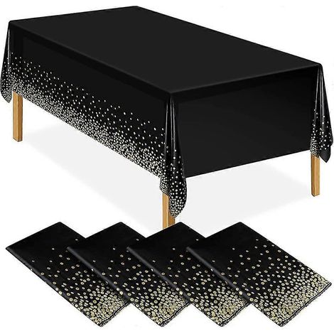Lot de 4 nappes de fête noires et dorées en plastique, 137 x 274 cm, à pois dorés (cadeau).