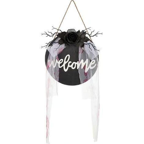 Décoration d'Halloween extérieure : panneau de porte réaliste avec fleurs pour une fête festive. (1/5)