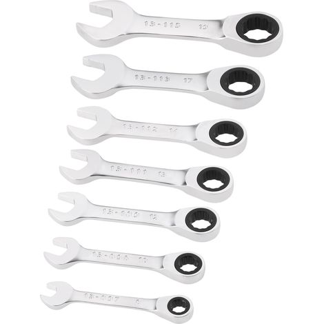 Stanley – Clés mixtes courtes à cliquet – Jeu de 7 pièces 8-19 mm – Fourche orientée 15° pour accès facile – Finition chrome mat (1/9)