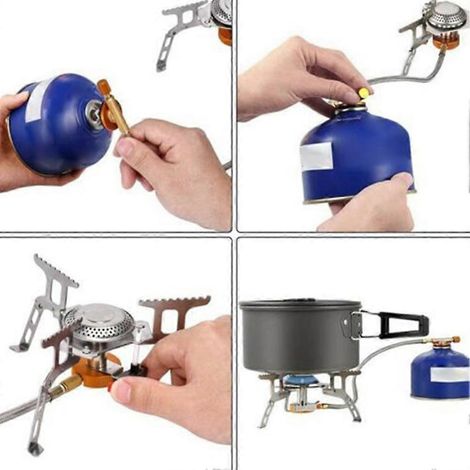Réchaud à gaz portable pliable 3500 W pour la pêche, le camping et les pique-niques. Tuyau en acier inoxydable de 30 cm et outils inclus. (1/4)