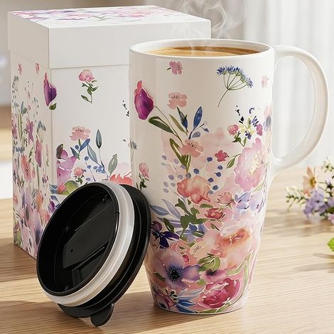 Tasse de voyage en céramique avec couvercle et boîte cadeau, tasse à café à fleurs aquarelles pour thé, latte et bureau, motif jardin rose (1/5)