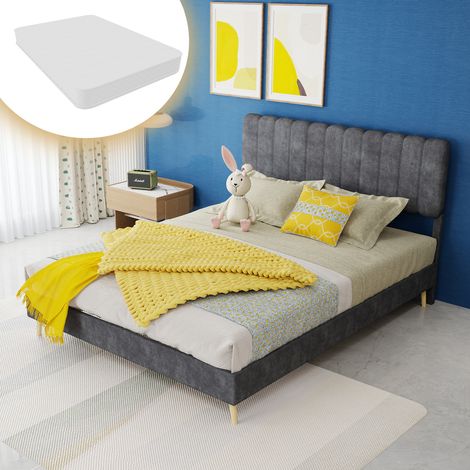 Cama tapizada (200x140x156 cm), con colchón incluido, cabecero alto, tejido y metal gris (1/5)