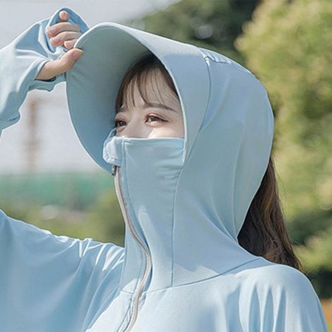 Veste d'équitation légère été en soie glacée bleue à capuche avec protection solaire (1/5)