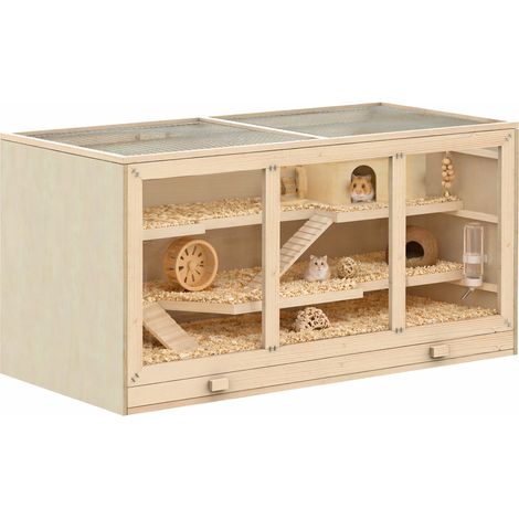 Cage à hamster cage gerbilles 2 niveaux toit ouvrable fenêtres cabane 2 échelle, 115 x 57 x 55 cm, effet bois naturel (1/5)