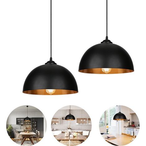 Lot de 2 suspensions - Suspensions industrielles - Abat-jour - Noir et or - Suspension industrielle vintage - Pour salon, salle à manger - Lampe de table - Plafonnier - Ampoule E27 non incluse (1/5)
