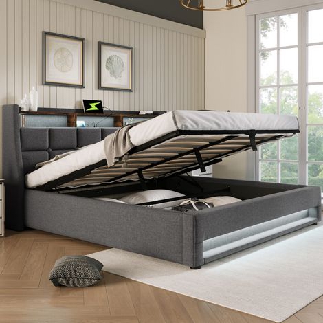 Letto matrimoniale imbottito vintage-moderno 180x200 cm, lino grigio, LED, USB, contenitore con alzata a gas (1/5)