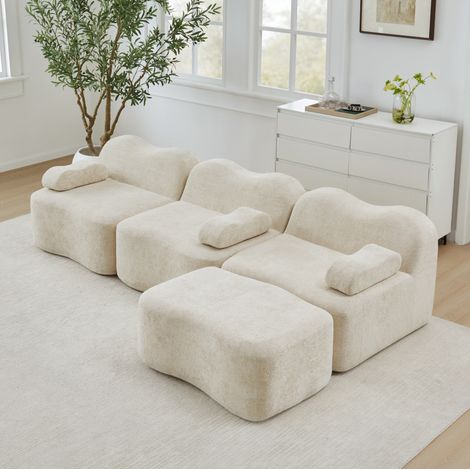 Sofa modulare 3 posti beige in velluto con seduta profonda e design senza telaio (1/5)