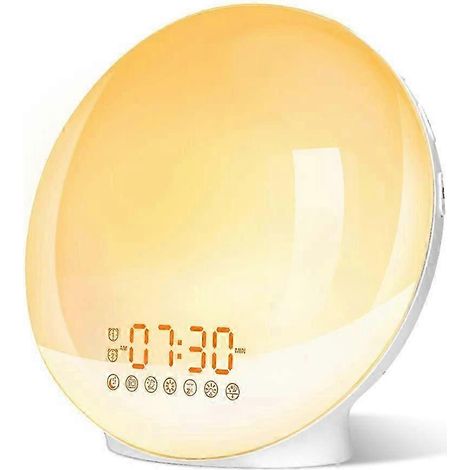 Réveil simulateur d'aube, lampe de réveil, simule le lever et le coucher du soleil, double alarme, veilleuse, fonction snooze, radio FM, 7 effets sonores naturels, 7 couleurs (1/5)