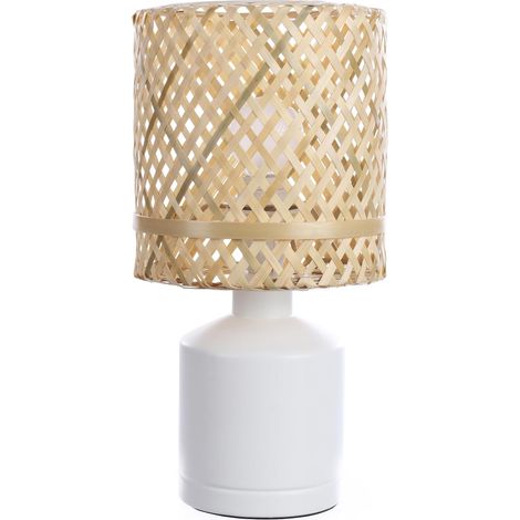 Lampe à poser - lampe de chevet en céramique blanche et abat-jour en bambou naturel - douille E14 - possibilité ampoule LED - 40W maxi, Diam. 15 x H. 28 cm (1/5)