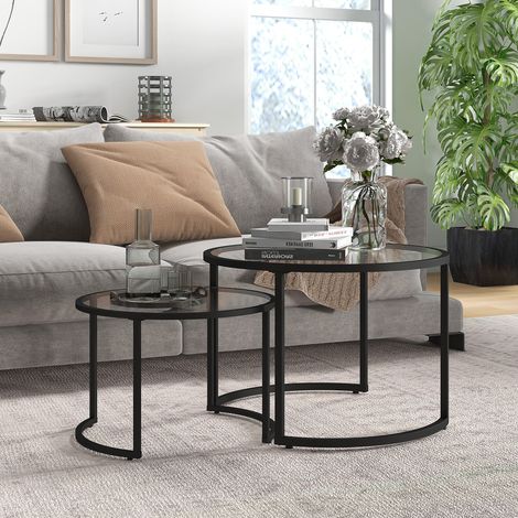 MEUBLIV Set aus 2 runden Couchtischen 70 cm, schwarz – gehärtetes Glas, stapelbar (1/5)