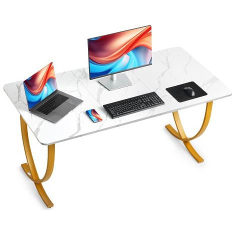 Mesa de Estudio 160 x 80 x 75 cm, Escritorio Ejecutivo con Tablero de Partículas y Soporte de Metal, Escritorio de Ordenador, Carga de 158 kg, para Oficina, Estudio, Casa, Blanco y Dorado (1/5)