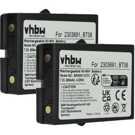 vhbw 2x Akku Ersatz für Danfoss 2303691, BT06 für Industrie-Funkfernsteuerung Fernbedienung (600 mAh, 7,2 V, NiMH) - Schwarz