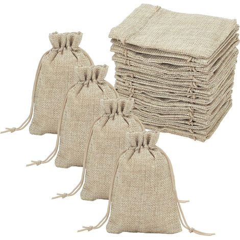 Lntyq 100Pcs Sachets en Jute, Pochettes Sachets en Lin Chanvre avec Cordon Sac de Toile de Jute Sachets de Lavande cadeau invites mariage pour Bijoux Cadeau Mariage Noël, 13.5x9.5cm