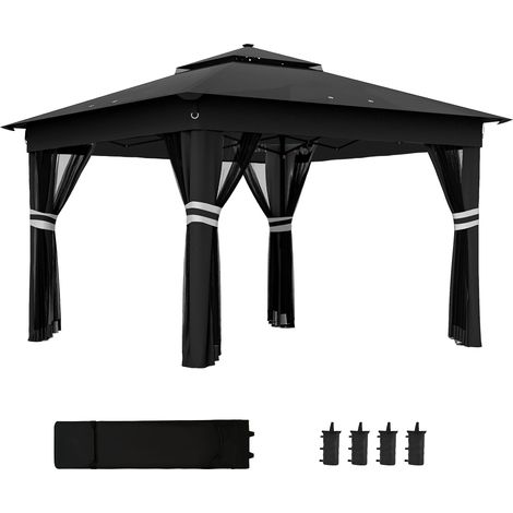 3.36 x 3.36m Pop Up Gazebo Party Tent with Solar-Powered LED Lights, Adjustable Event Shelter with Netting, Black