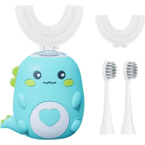 Children's electric toothbrush, 360° ultrasonic toothbrush with 2 U-shaped silicone brush heads and 2 straight brush heads, 3 speeds and IPX7 waterproof rating. (1/5)