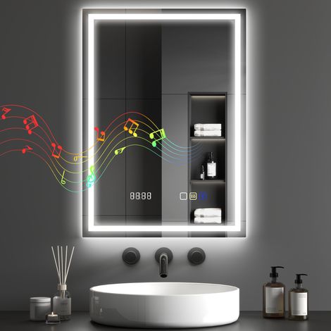 HOMCOM 500 x 700 mm Bathroom Mirror with Bluetooth Clock Lights Demister Pad (1/5)
