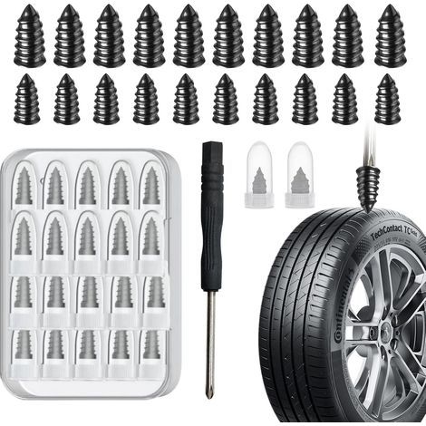 Kit de réparation de pneus auto, 40 mèches en caoutchouc + tournevis (20 grandes, 20 petites), kit de réparation pour pneus tubeless avec boîte de rangement, universel pour voiture et moto (1/5)