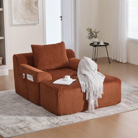 Übergroßer Cord-Sofa Sessel mit Hocker, Orange, ohne Montage (1/5)