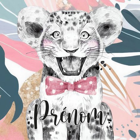Papier peint panoramique enfant avec prénom personnalisable - Lion Nœud Papillon - 130 cm x 130 cm (1/2)