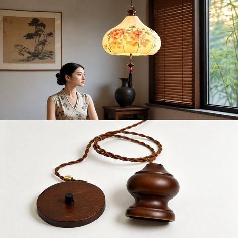 Suspension Bois Noyer, modèle gourde précieuse 1 m avec câble torsadé marron, Douille pour Abat-Jour 200 g – Livraison gratuite (1/4)
