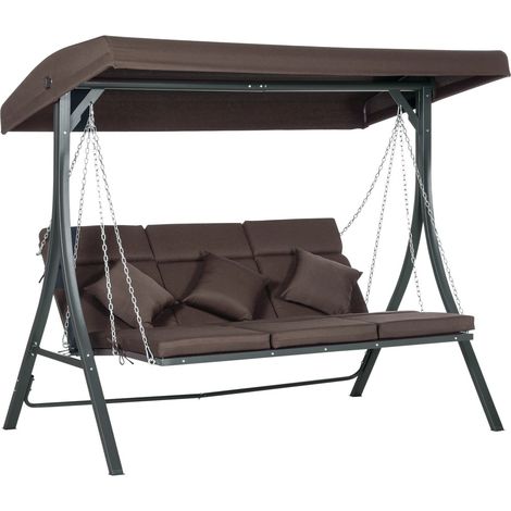Hollywoodschaukel 3-Sitzer, Schaukelbank Mit Verstellbarem Sonnendach, Mit Kissen, Bis 270 Kg Belastbar, Metall, Texteline, Braun