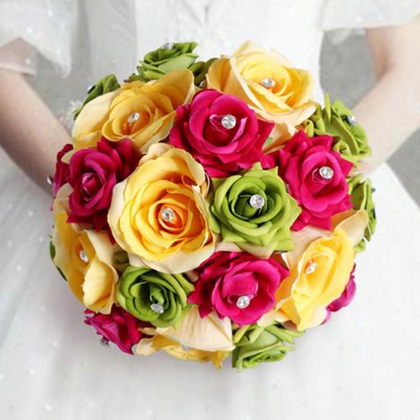 Bouquet de mariée artificiel en roses colorées, bouquet romantique de la mariée tenant les fleurs, bouquets des demoiselles d'honneur pour la Saint-Valentin (1/4)