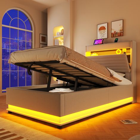 Lit rembourré 90x200 cm beige sans matelas. Recharge USB-C,éclairage LED,rangement hydraulique avec table rabattable. (1/5)