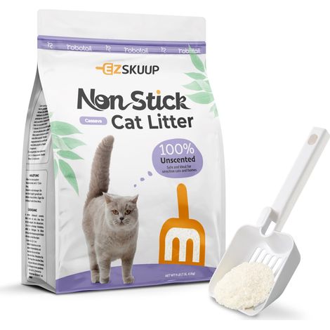 Litière agglomérante pour chat - Sans poussière et sans parfum - En manioc naturel respectueux des animaux - Avec neutralisation des odeurs - Deux fois plus longue durée (1/5)