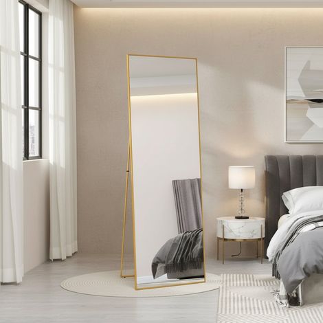 Specchio da Terra Design 173x63 cm - Grande Specchio Rettangolare a Parete o Autoportante con Cornice in Alluminio Antiesplosione - Oro (1/5)