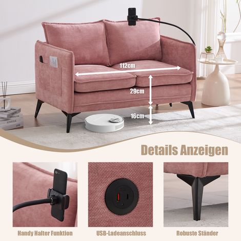 Canapé 2 places moderne en tissu chenille rose, avec rangement, poches latérales & support réglable pour téléphone — salon, chambre, balcon (1/4)
