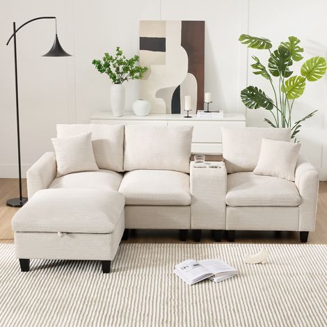 Canapé d'angle en L 229149.583cm convertible velour côtelé avec console 2 porte-gobelets USB poche accoudoir petit salon chic cosy