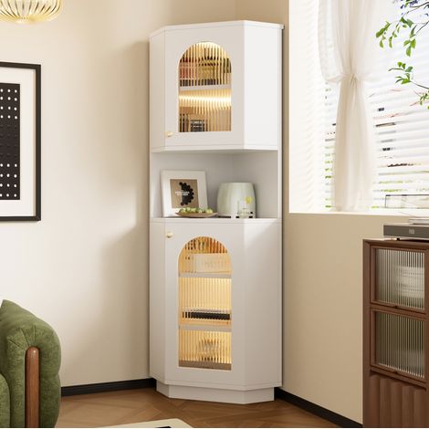 Armario de baño esquinero 45x45x166.5 cm blanco en MDF con luz interior y estantes ajustables (1/5)