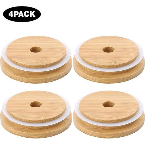 Couvercles en bambou réutilisables 4 pièces pour bocaux Mason large goulot, avec joint silicone étanche, compatibles bocaux de conservation (1/5)