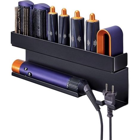 Supporto autoadesivo per asciugacapelli migliorato con ampio vano portaoggetti - Non richiede foratura, universale per asciugacapelli e accessori, elegante (1/4)