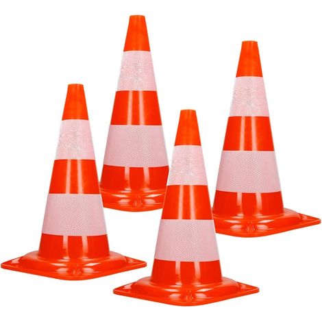 4X Cônes Signalisation Pylône, 47cm, PVC Solide, Orange/Blanc, Triangle de Circulation, Marqueur Attention Sécurité, avec 2 Bandes Réfléchissantes, Pylone Cône Avertissement de Parking