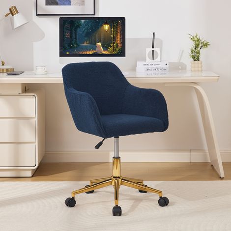 Chaise de Bureau Pivotante en Tissu Teddy, Hauteur Réglable, Rotation 360 degres, Roulettes, Bleu Foncé (1/5)