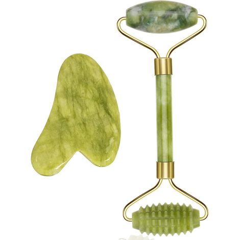 Ensemble de massage Gua Sha et soin du visage avec rouleau de jade, rouleau de jade pour le visage et le traitement des yeux gonflés (1/3)